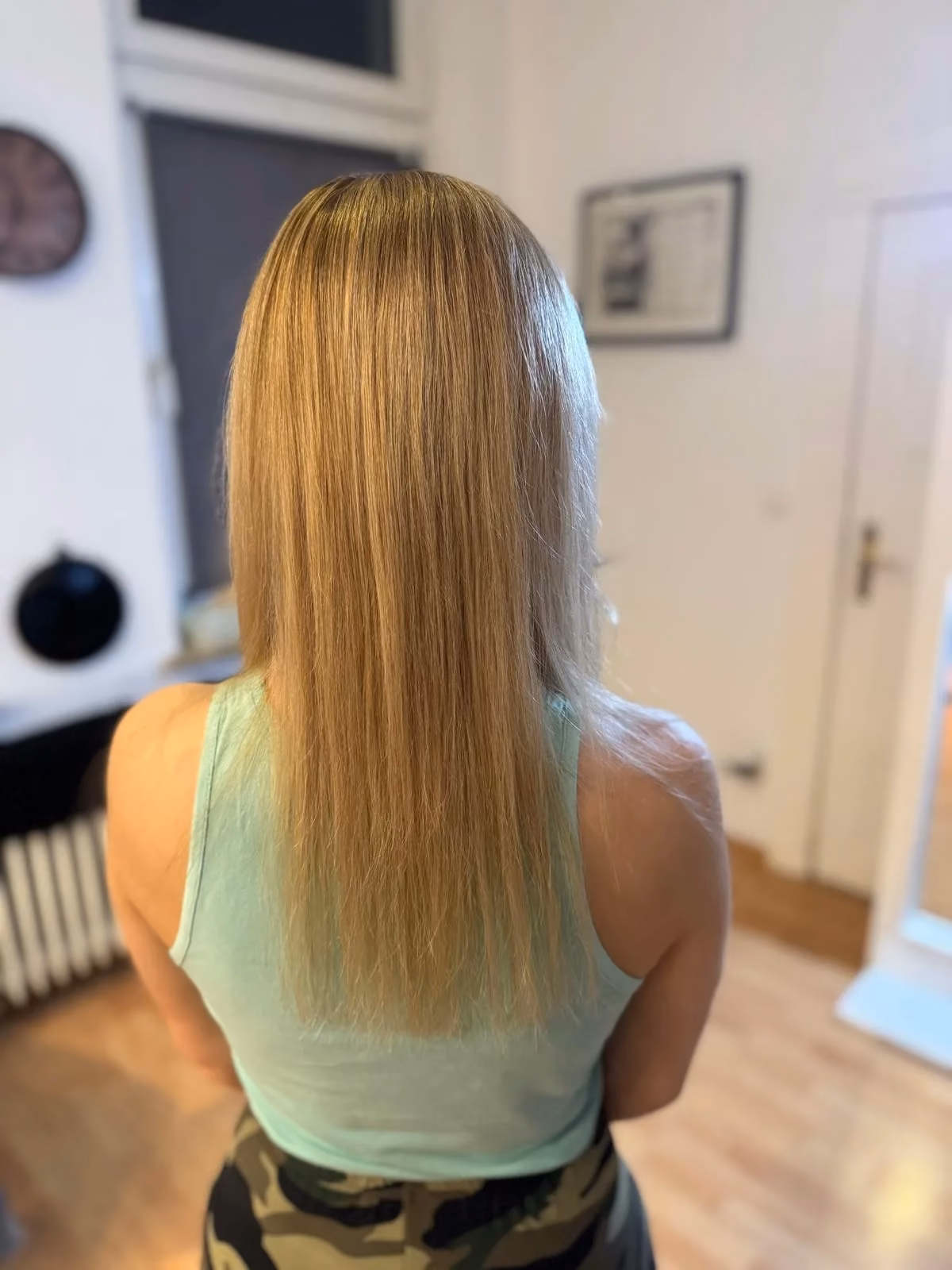 Glattes blondes Langhaar von hinten